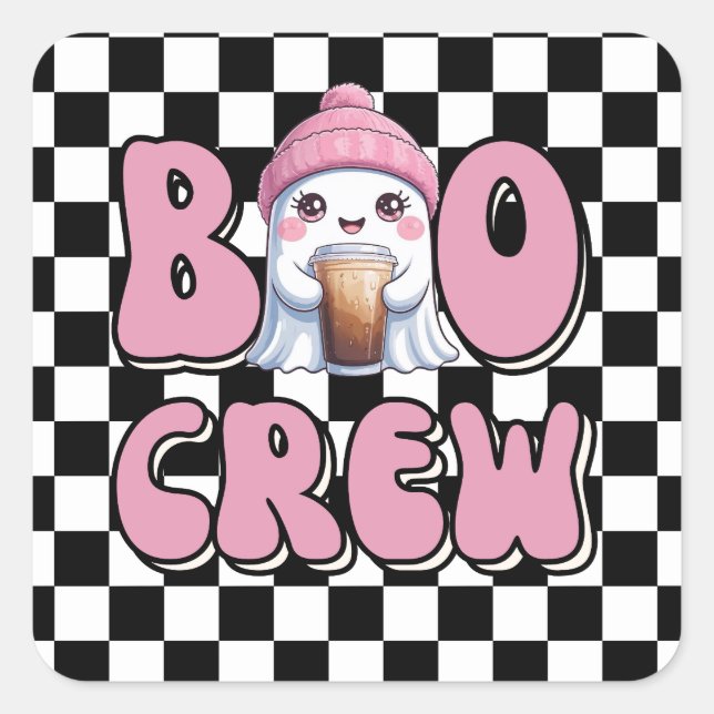 Adesivo Quadrado Boo Crew Ghost Rosa com Café Físico Personalizado (Frente)