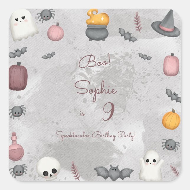 Adesivo Quadrado Boo! Festa de aniversário de criança Spooktacular (Frente)