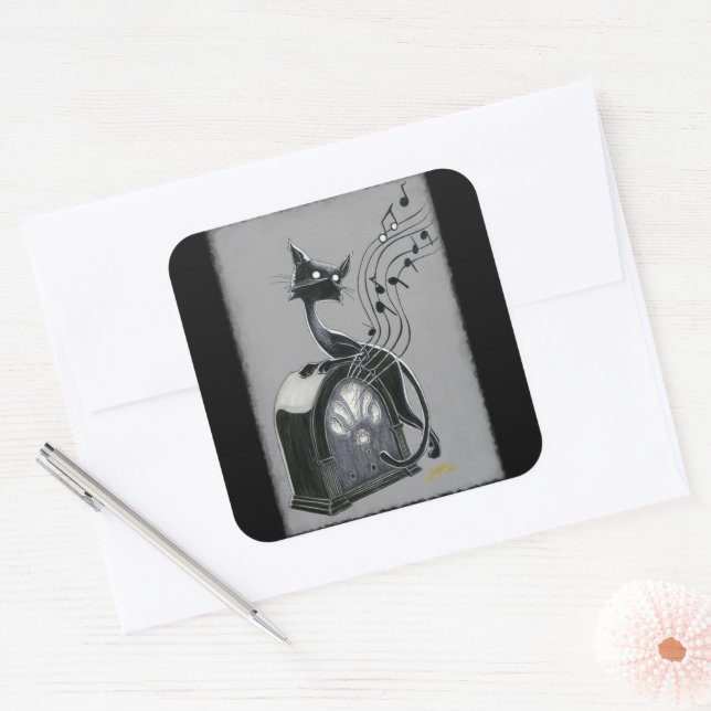 Adesivo Quadrado Boo Gatinho ouve música (Envelope)