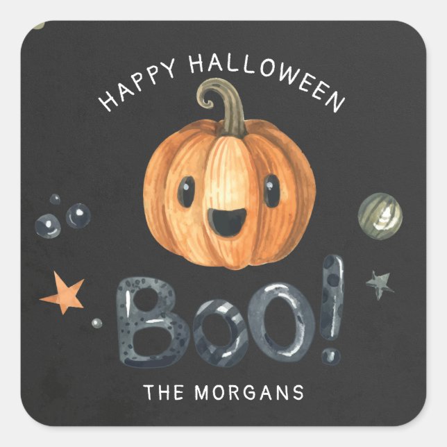 Adesivo Quadrado Boo Pumpkin Happy Halloween monograma sticker (Frente)