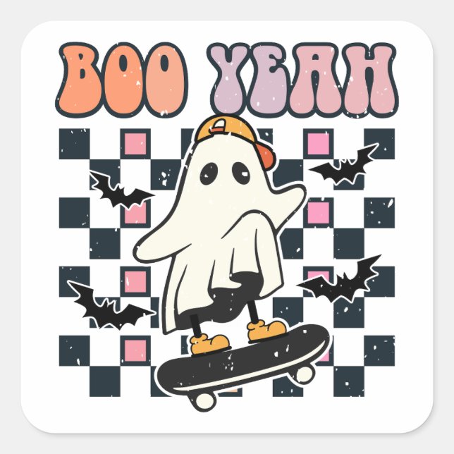 Adesivo Quadrado Boo Sim - Quadro de Skateboard Fantasma Retroativo (Frente)