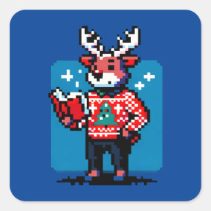 Adesivo Quadrado Bookish Reindeer - Design de Natal Cozy Pixel Art