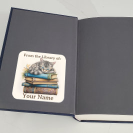 Adesivo Quadrado Bookplate com Cat Deitada em Livros