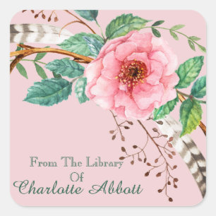Adesivo Quadrado Bookplate cor-de-rosa floral do design da pena da