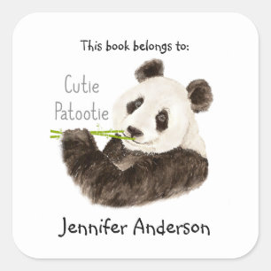 Adesivo Quadrado Bookplate engraçado do urso de panda de Cutie