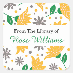 Adesivo Quadrado Bookplate floral moderno da biblioteca de
