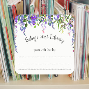 Adesivo Quadrado Bookplate floral roxo da menina, chá de fraldas d