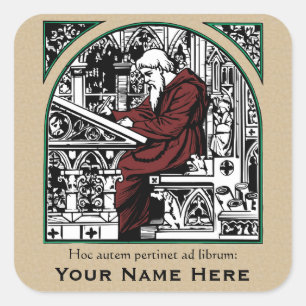 Adesivo Quadrado Bookplate medieval da mesa e da monge de escrita