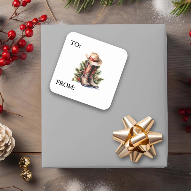 Adesivo Quadrado Boots Hat do Cowboy do Natal Ocidental (Criador carregado)