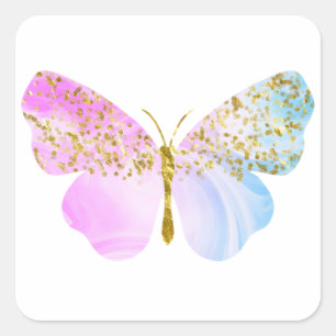 Adesivo Quadrado Borboleta azul violeta arco-íris com Glitter Doura