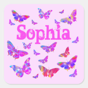 Adesivo Quadrado Borboleta Colorida Arte Rosa Sophia Adicionar Nome