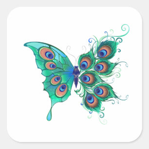 Adesivo Quadrado Borboleta com Penas de Pavão Verde