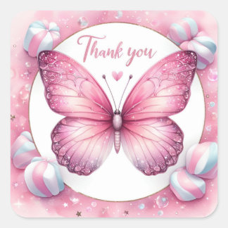 Adesivo Quadrado Borboleta de Doce de Marshmallow Rosa - Obrigado -