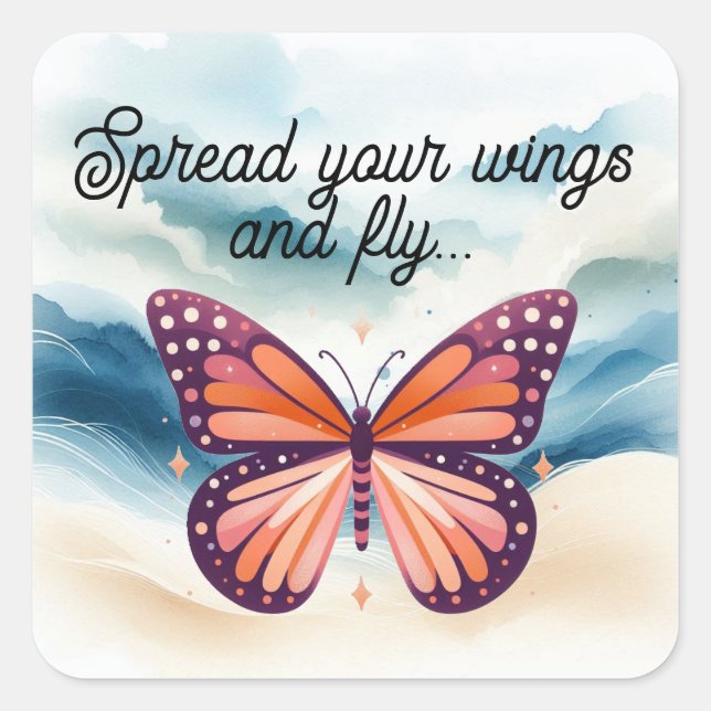 Adesivo Quadrado Borboleta de Monarca Laranja Rústica com Dizendo (Frente)