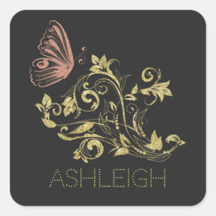 Adesivo Quadrado Borboleta Dourada de Flourish Personalizada