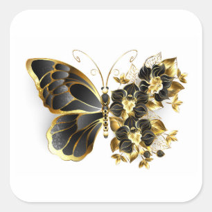 Adesivo Quadrado Borboleta Flor Dourada com Orquídea Preta