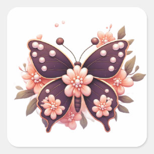 Adesivo Quadrado Borboleta Floral Rosa Decorativa