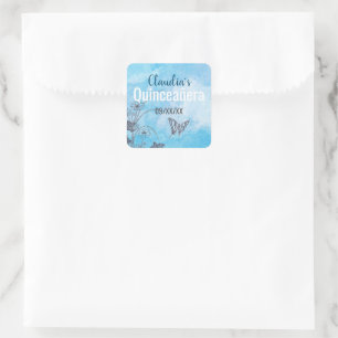 Adesivo Quadrado Borboleta-prata e flores em quinceanera azul