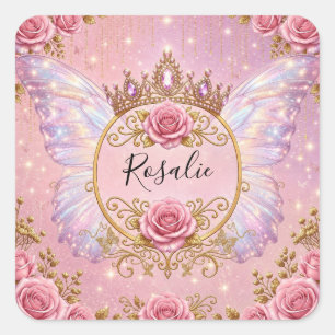 Adesivo Quadrado Borboleta Princesa Fada Floral Rosa e Dourada
