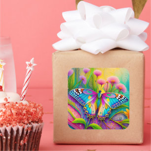 Adesivo Quadrado Borboleta Psicodélica Colorida e Flores Selvagens