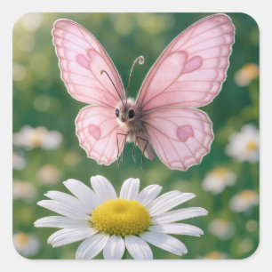 Adesivo Quadrado Borboleta Rosa e Camomila Branca