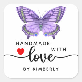 Adesivo Quadrado Borboleta Roxa Feita à Mão com Amor Branco