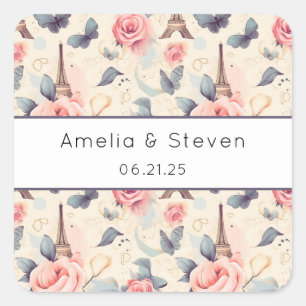 Adesivo Quadrado Borboleta Torre Eiffel e Padrão de Rosas - Casamen