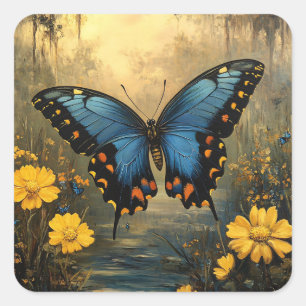 Adesivo Quadrado Borboleta Vintage e Flores Amarelas Pintura