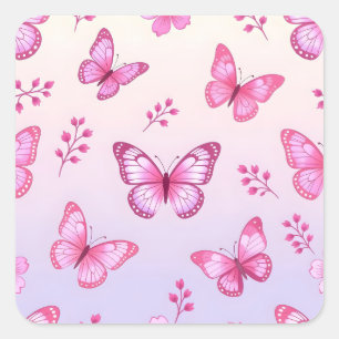 Adesivo Quadrado Borboletas cor-de-rosa e padrão de flores
