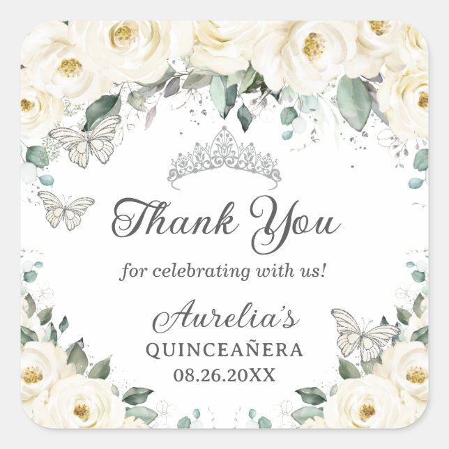 Adesivo Quadrado Borboletas prateadas brancas princesa Tiara (Frente)