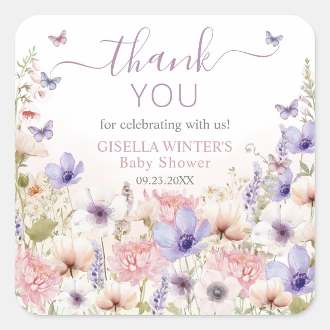 Adesivo Quadrado Borboletas rosa púrpura de flor silvestre bebê em  (Frente)