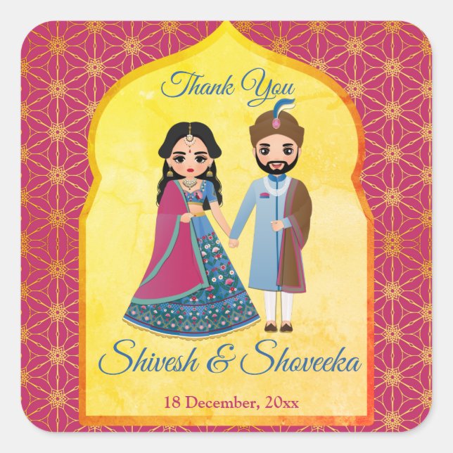 Adesivo Quadrado Borda de design rosa e dourado favor de casamento  (Frente)