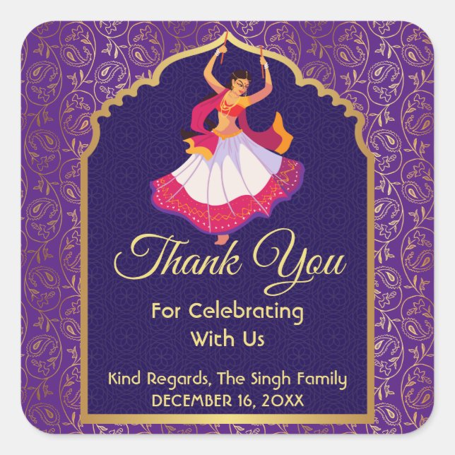 Adesivo Quadrado Borda dourada roxa asiática árabe padrão Mehndi  (Frente)