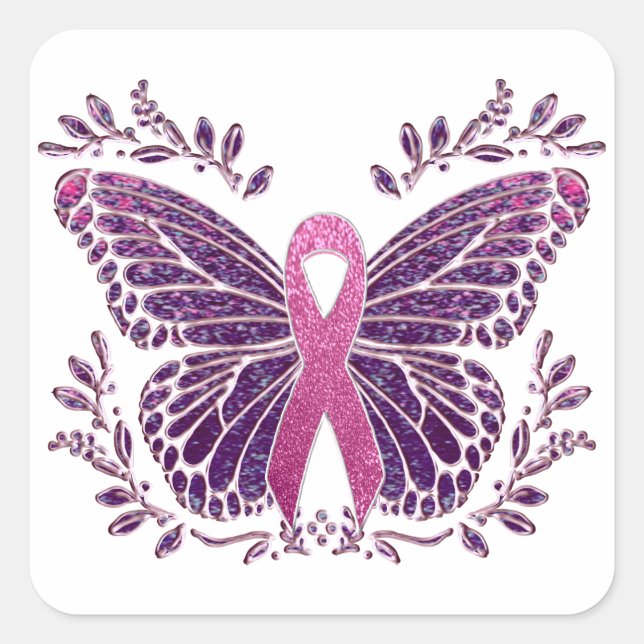 Adesivo Quadrado Borda Floral da Borboleta de Sensibilização do Can (Frente)
