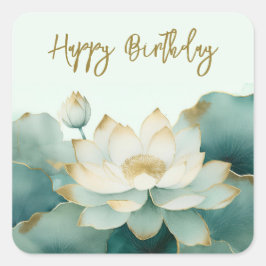Adesivo Quadrado Bordas de ouro de flor de lótus Feliz Aniversário