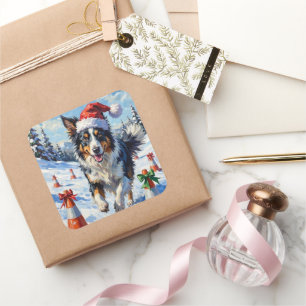 Adesivo Quadrado Border Collie Cachorro Natal Neve Agilidade Divers