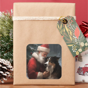 Adesivo Quadrado Border Collie Com Claus de Natal Festivo