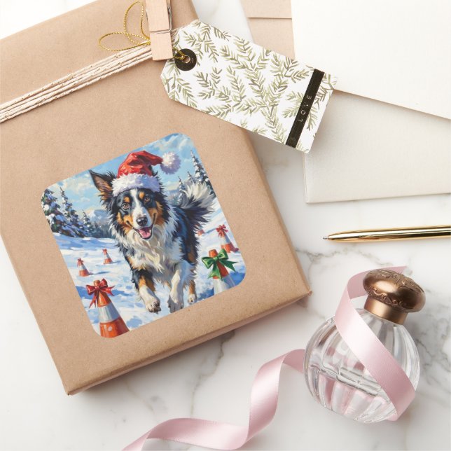 Adesivo Quadrado Border Collie Dog Christmas Snow Agility Fun (Presentear)