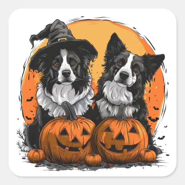 Adesivo Quadrado Border Collie Dogs Halloween Jack O Lanternas (Frente)