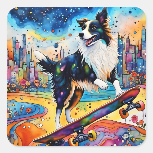 Adesivo Quadrado Border Collie Skateboard (Frente)