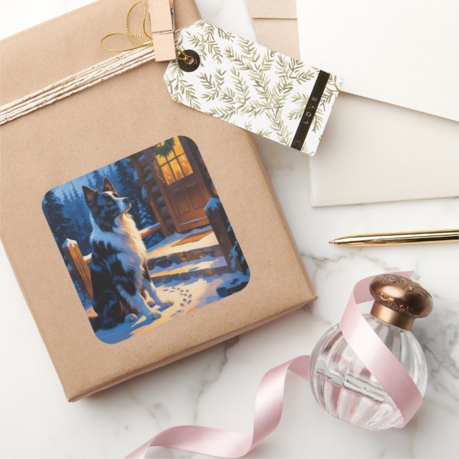 Adesivo Quadrado Border Collie With Christmas Lights Holiday (Presentear)