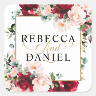 Adesivo Quadrado Borgonha e Rosa Bege Floral Casamento em Aquarela