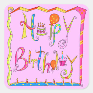 Adesivo Quadrado Bosta Rosa de Aniversário Feliz