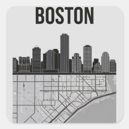 Adesivo Quadrado Boston Massachusetts City Skyline com Mapa