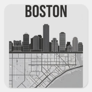Adesivo Quadrado Boston Massachusetts City Skyline com Mapa