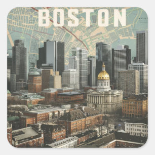 Adesivo Quadrado Boston, Massachusetts City Skyline com Mapa