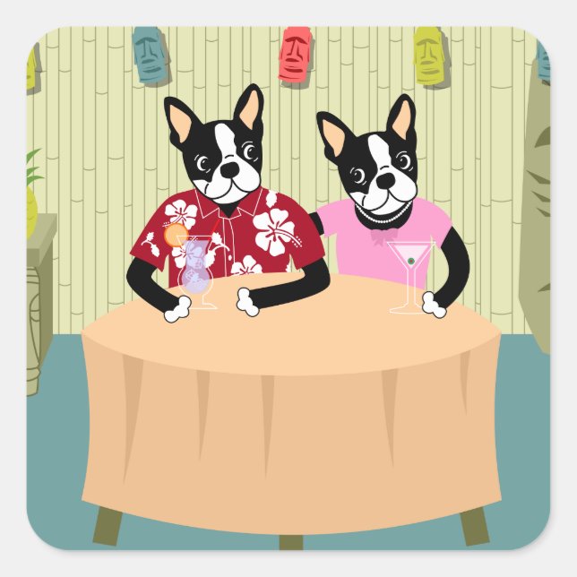 Adesivo Quadrado Boston Terrier Boy & Girl (Frente)