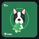 Adesivo Quadrado Boston Terrier Christmas Gift Stickers<br><div class="desc">Boston Terrier com palitos de presentes de Natal da Torre de Natal Cookie! Estes adesivos são personalizáveis.</div>