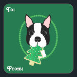 Adesivo Quadrado Boston Terrier Christmas Gift Stickers<br><div class="desc">Boston Terrier com palitos de presentes de Natal da Torre de Natal Cookie! Estes adesivos são personalizáveis.</div>