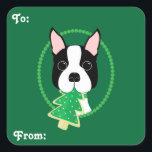 Adesivo Quadrado Boston Terrier Christmas Gift Stickers<br><div class="desc">Boston Terrier com palitos de presentes de Natal da Torre de Natal Cookie! Estes adesivos são personalizáveis.</div>